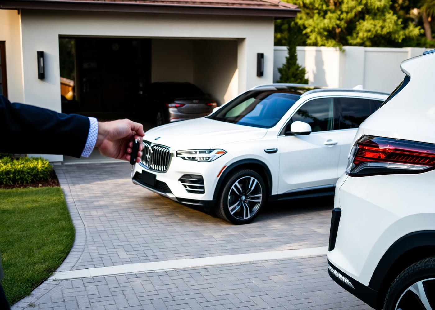 Vehicle keys being handed over in a residential driveway